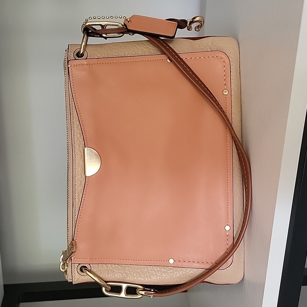 COACH bag, coral, tan leather & brown suede.